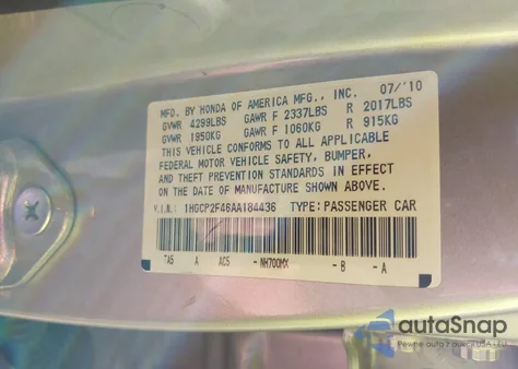 2010 Honda Accord 2.4 Lx-P from USA, damaged, VIN 1HGCP2F46AA184436